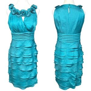Sangria Aqua Ruffle Neck Tiered Bodycon Cocktail Dress Size 10